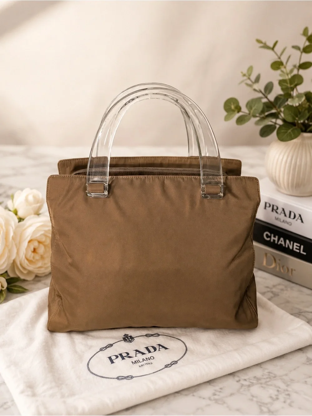 Vintage Prada Tessuto Nylon Taupe Tote With Lucite Handles